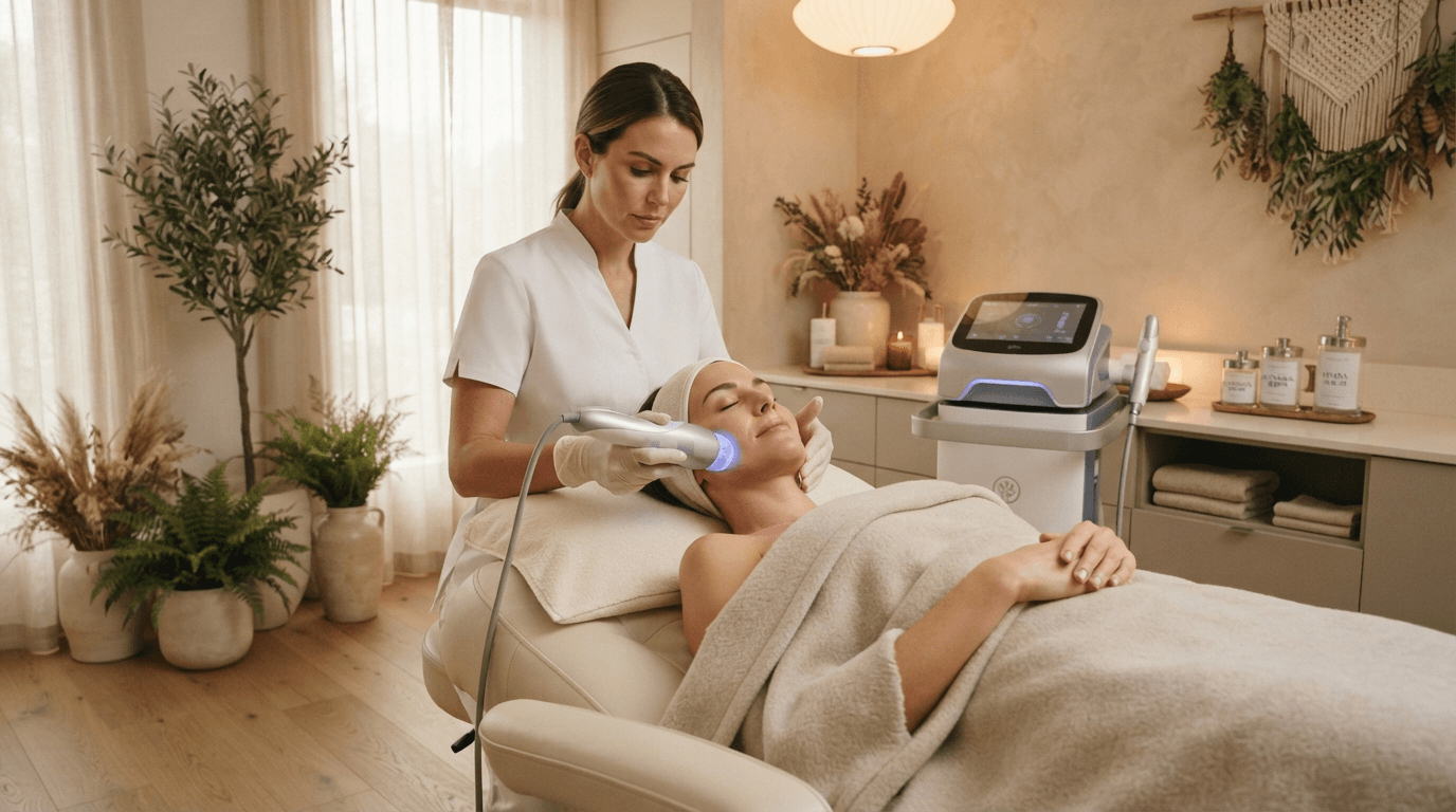 Practitioner guiding a handheld device along a client’s cheek in a sunlit treatment room