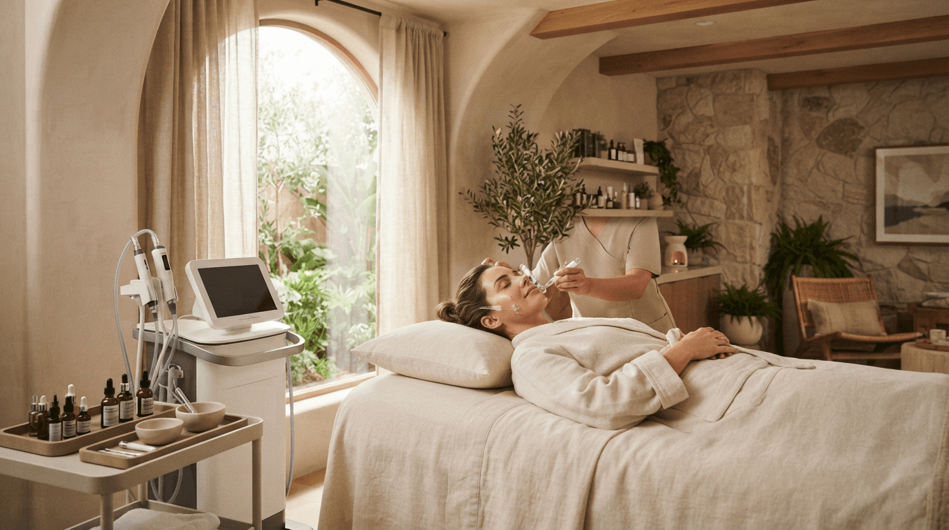 Client resting on a linen-draped bed while a practitioner works beside an arched garden window