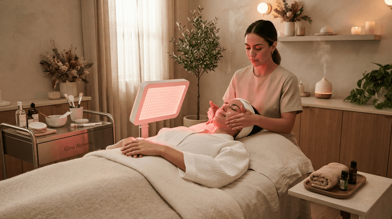 Client under a red light panel while a practitioner cradles her face, candles lit behind
