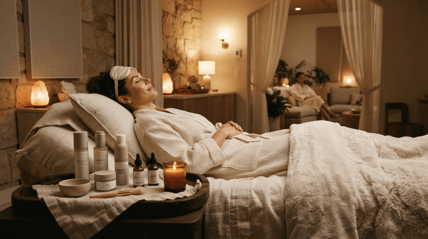 Client resting in a robe beside a tray of skincare and a lit candle, salt lamps glowing